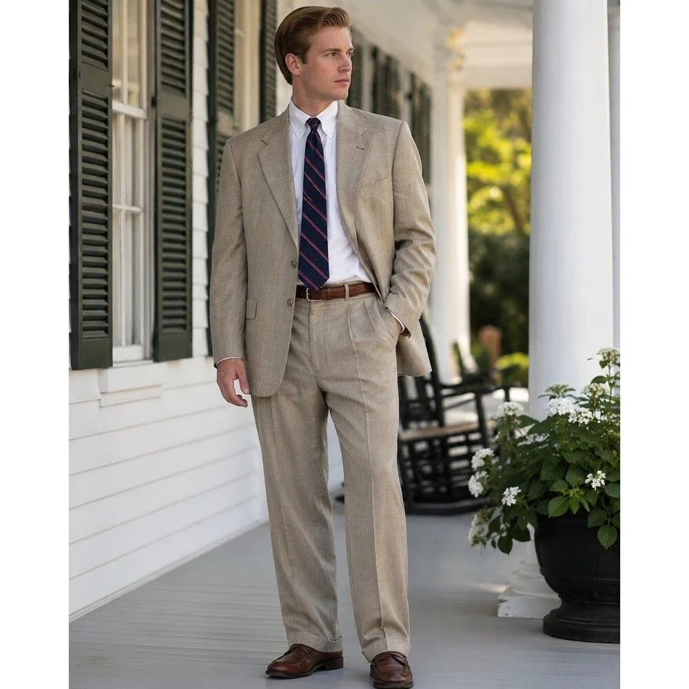 TOMMY HILFIGER Everyday Tan Virgin Wool Suit Sz42R Vintage Made In USA Americana